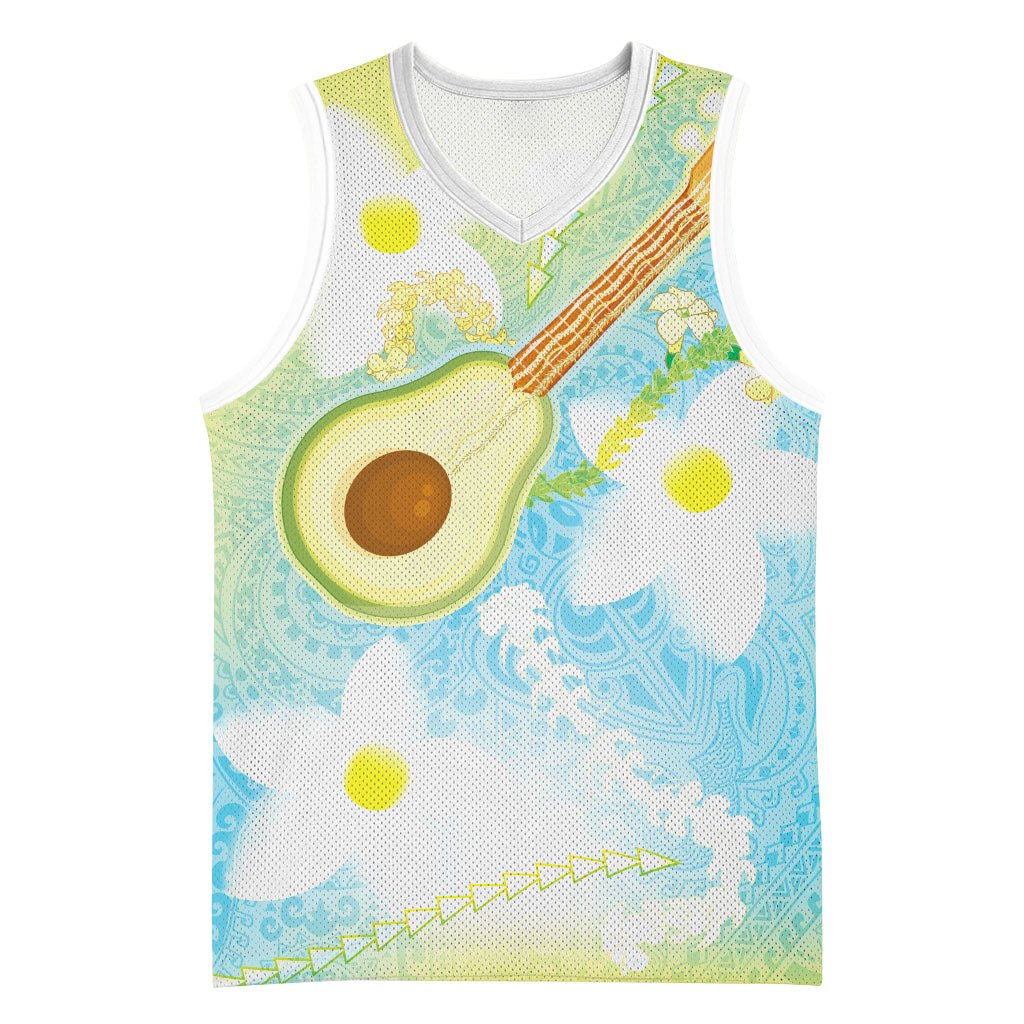 Hawaiian Ukulele Avocado Basketball Jersey Leis and Polynesian Pattern