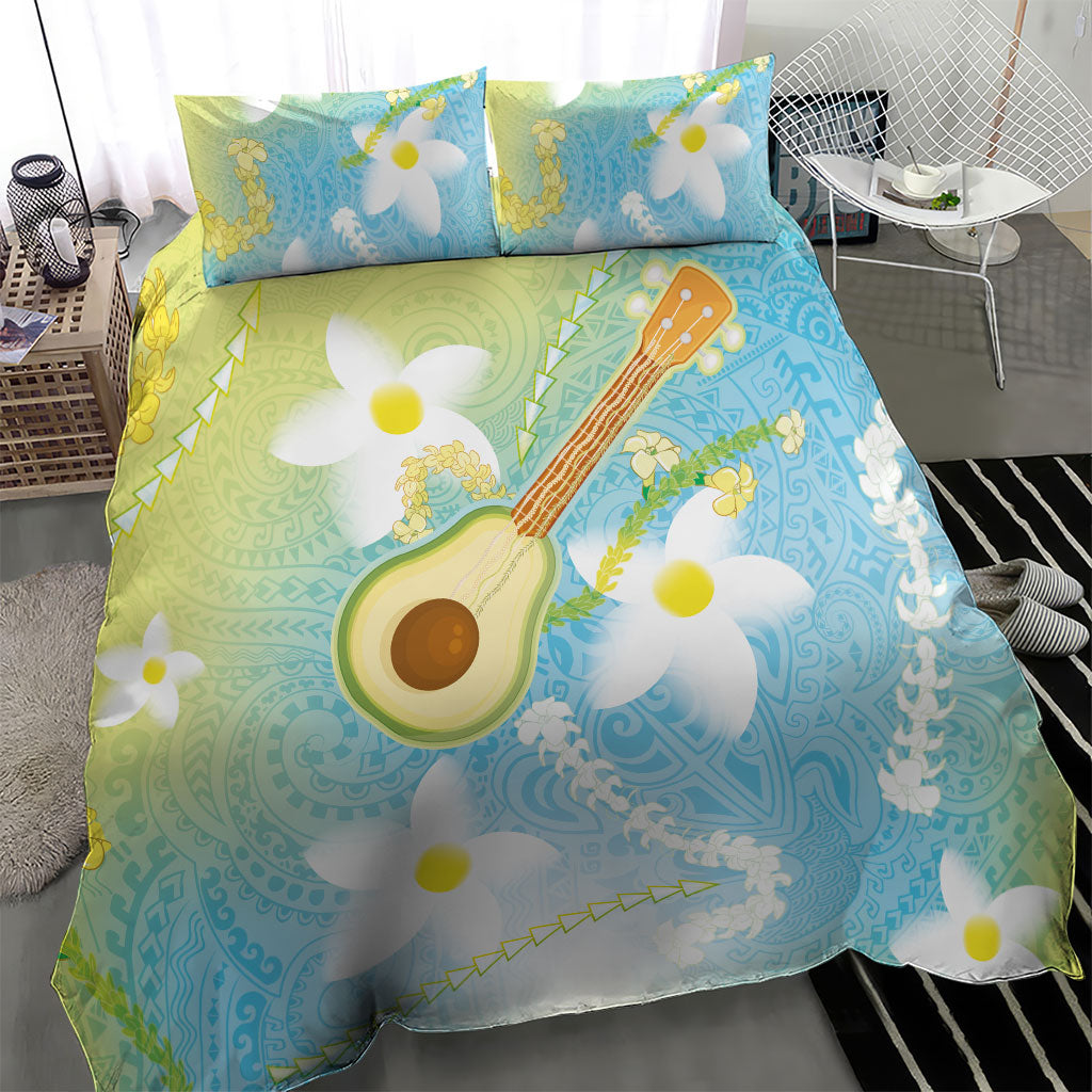 Hawaiian Ukulele Avocado Bedding Set Leis and Polynesian Pattern