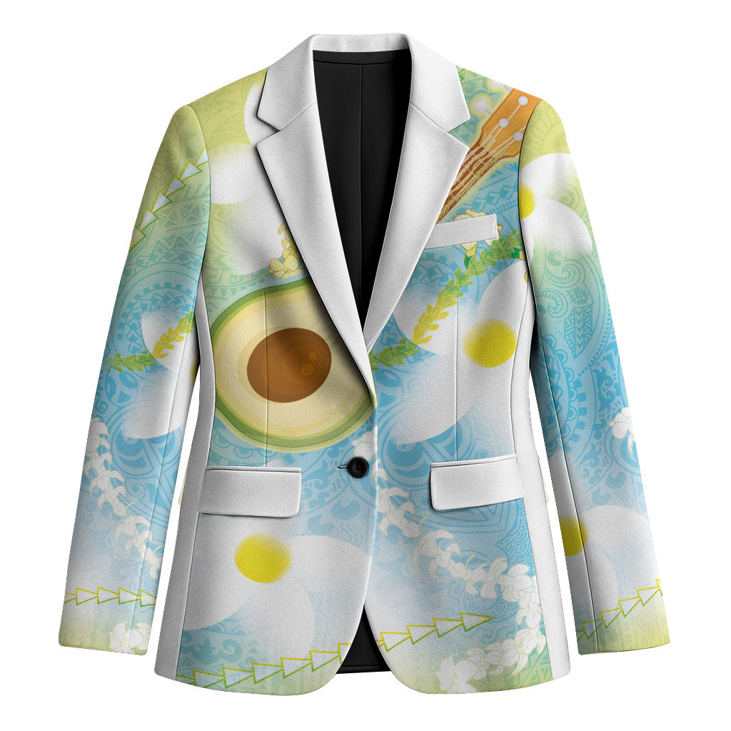 Hawaiian Ukulele Avocado Blazer Leis and Polynesian Pattern LT03 Unisex White - Polynesian Pride