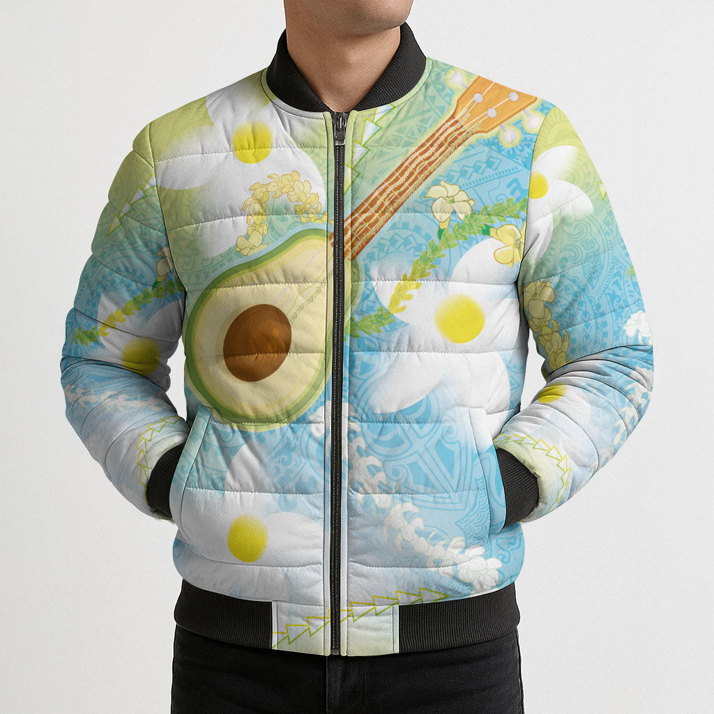 Hawaiian Ukulele Avocado Bomber Puffer Jacket Leis and Polynesian Pattern