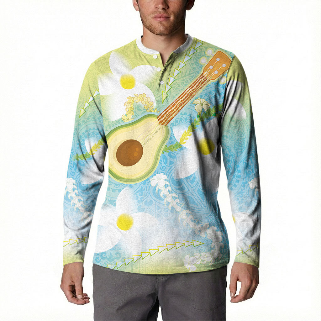 Hawaiian Ukulele Avocado Button Sweatshirt Leis and Polynesian Pattern