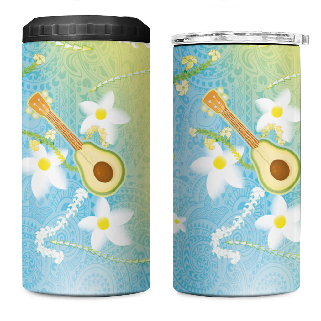 Hawaiian Ukulele Avocado 4 in 1 Can Cooler Tumbler Leis and Polynesian Pattern