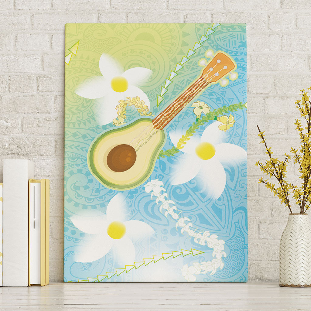 Hawaiian Ukulele Avocado Canvas Wall Art Leis and Polynesian Pattern