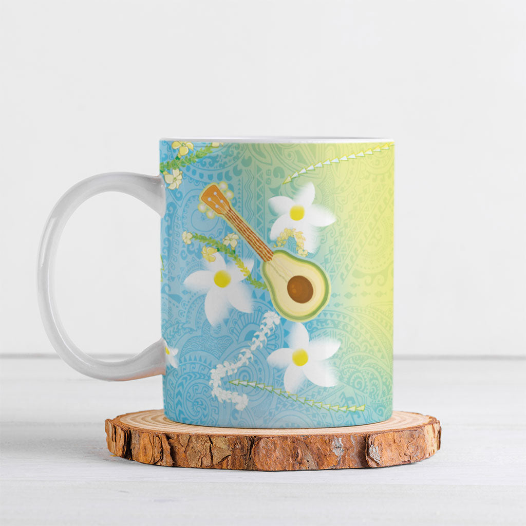 Hawaiian Ukulele Avocado Ceramic Mug Leis and Polynesian Pattern