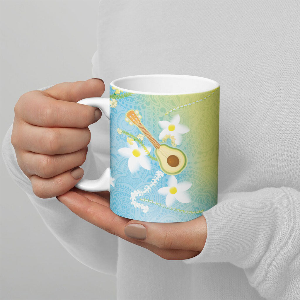 Hawaiian Ukulele Avocado Ceramic Mug Leis and Polynesian Pattern