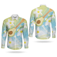 Hawaiian Ukulele Avocado Couples Matching Long Sleeve Bodycon Dress and Long Sleeve Button Shirt Leis and Polynesian Pattern