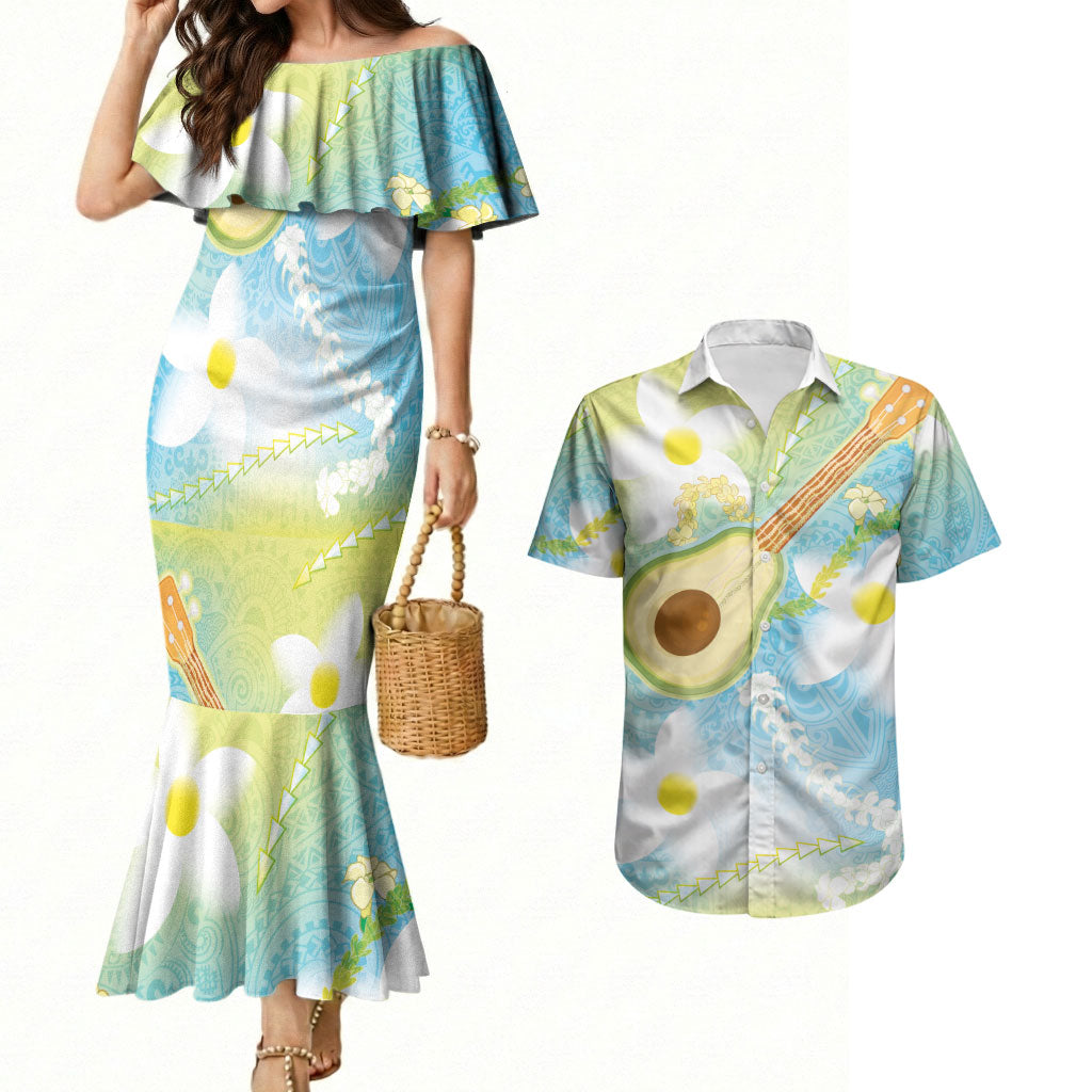 Hawaiian Ukulele Avocado Couples Matching Mermaid Dress and Hawaiian Shirt Leis and Polynesian Pattern