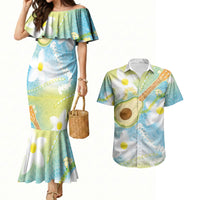 Hawaiian Ukulele Avocado Couples Matching Mermaid Dress and Hawaiian Shirt Leis and Polynesian Pattern