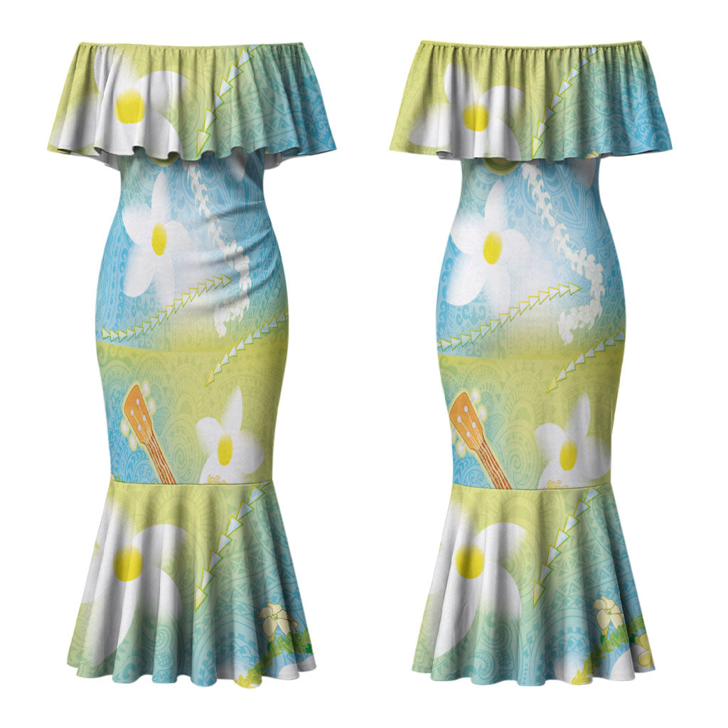 Hawaiian Ukulele Avocado Couples Matching Mermaid Dress and Hawaiian Shirt Leis and Polynesian Pattern