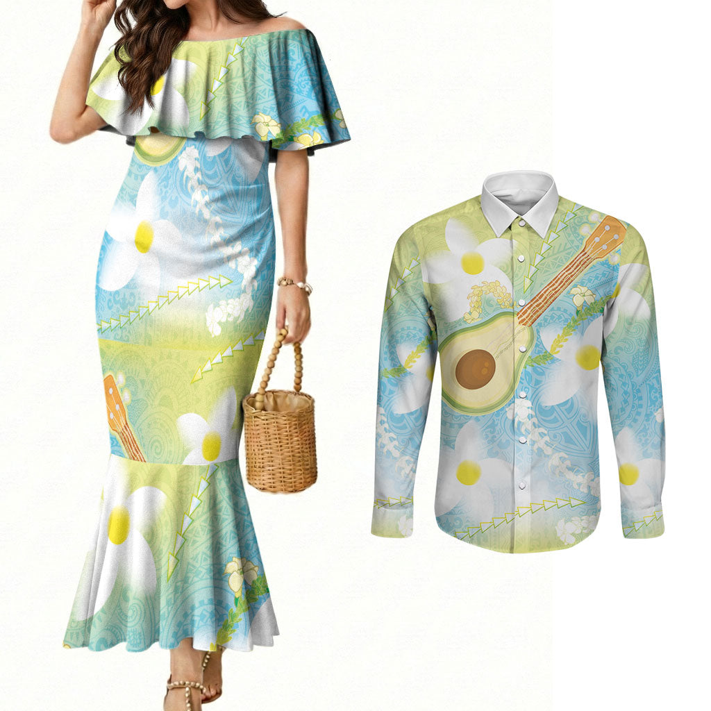 Hawaiian Ukulele Avocado Couples Matching Mermaid Dress and Long Sleeve Button Shirt Leis and Polynesian Pattern LT03 White - Polynesian Pride