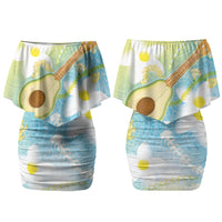 Hawaiian Ukulele Avocado Couples Matching Off Shoulder Short Dress and Long Sleeve Button Shirt Leis and Polynesian Pattern