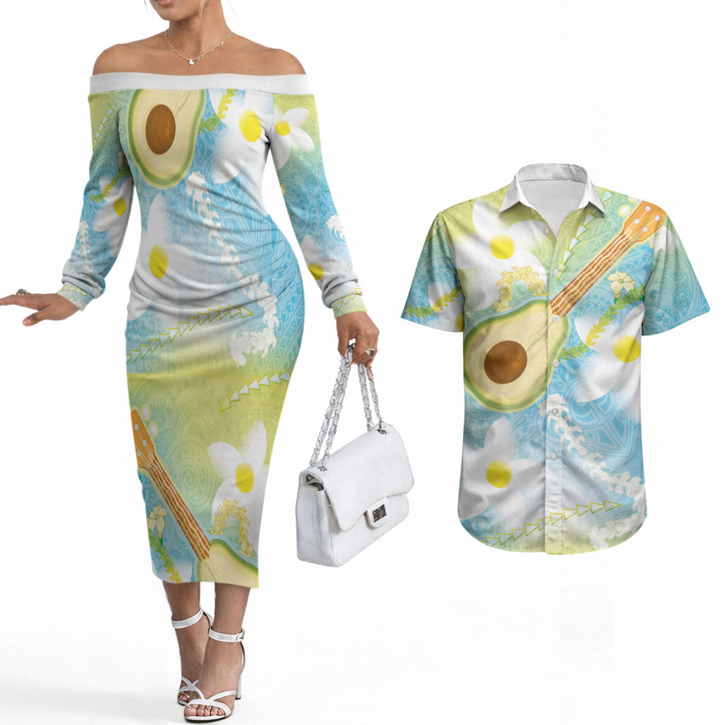 Hawaiian Ukulele Avocado Couples Matching Off The Shoulder Long Sleeve Dress and Hawaiian Shirt Leis and Polynesian Pattern LT03 White - Polynesian Pride