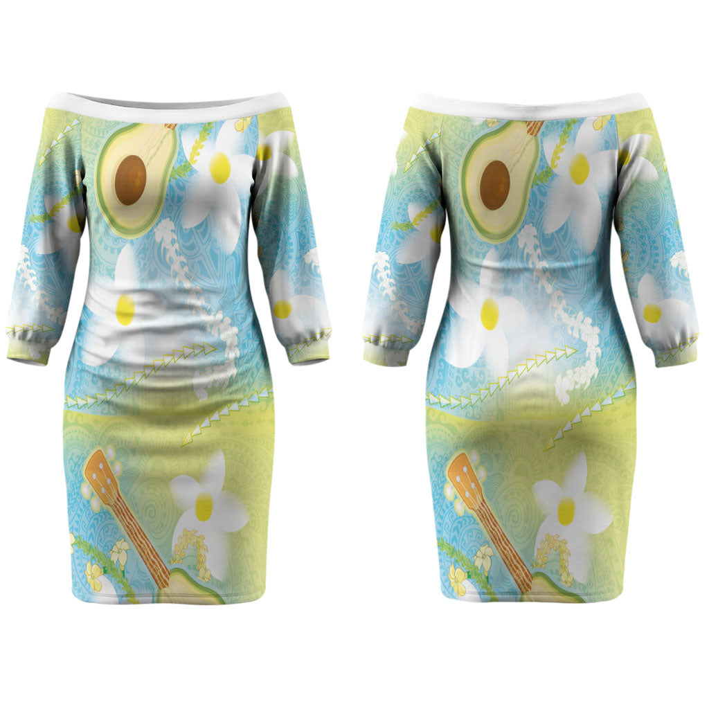 Hawaiian Ukulele Avocado Couples Matching Off The Shoulder Long Sleeve Dress and Hawaiian Shirt Leis and Polynesian Pattern