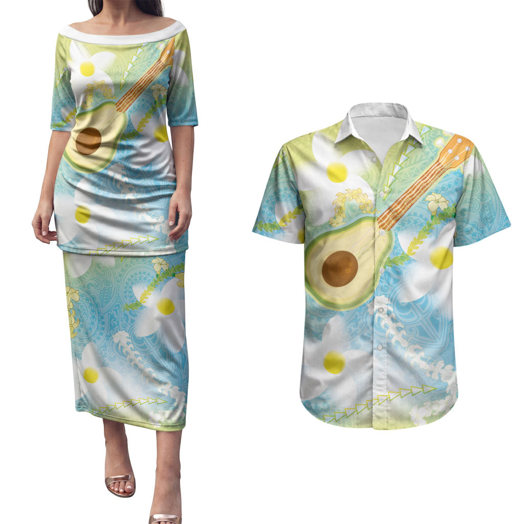 Hawaiian Ukulele Avocado Couples Matching Puletasi and Hawaiian Shirt Leis and Polynesian Pattern
