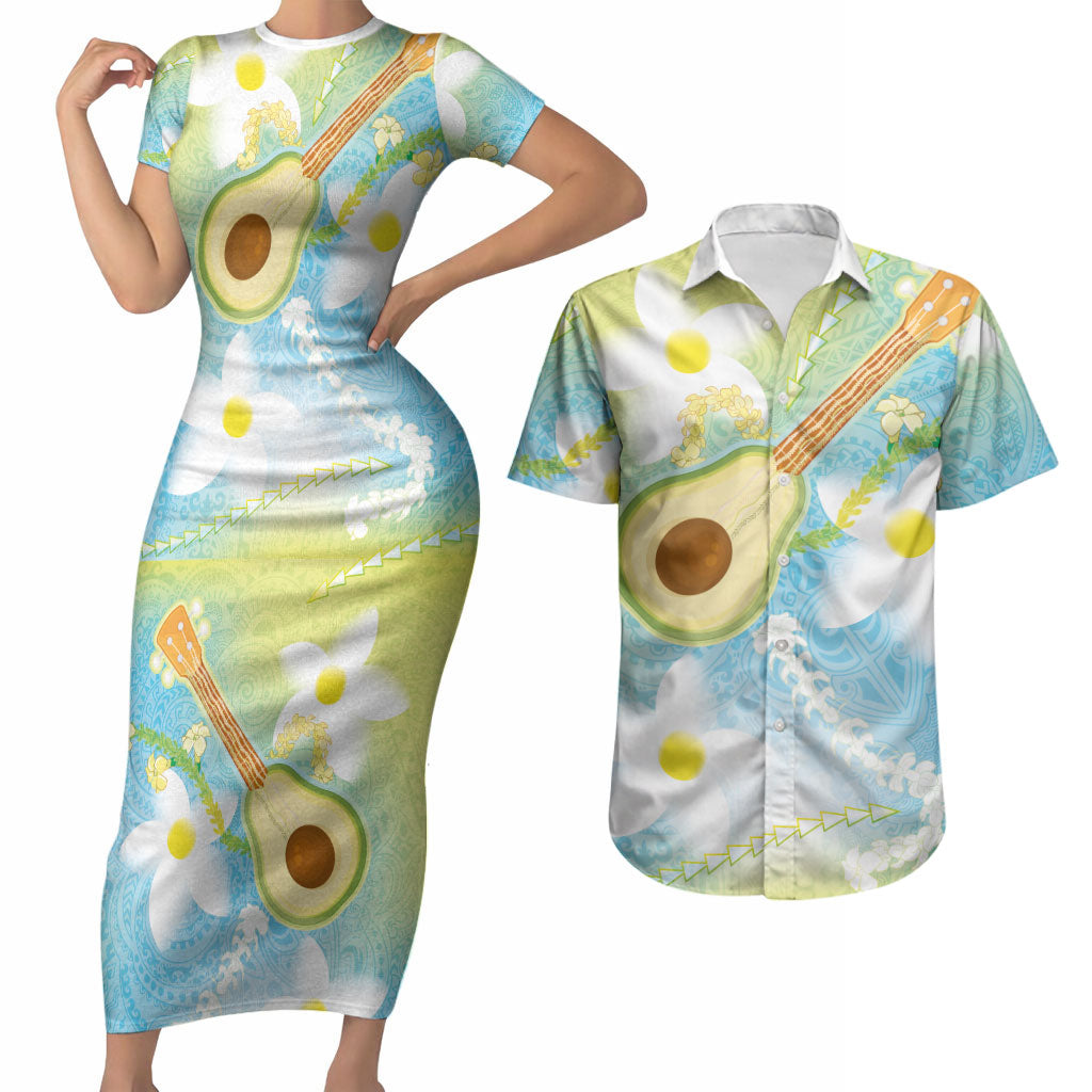 Hawaiian Ukulele Avocado Couples Matching Short Sleeve Bodycon Dress and Hawaiian Shirt Leis and Polynesian Pattern LT03 White - Polynesian Pride