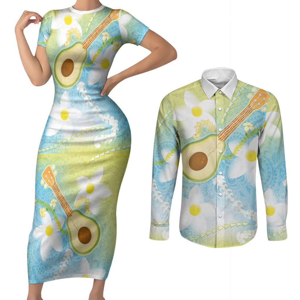 Hawaiian Ukulele Avocado Couples Matching Short Sleeve Bodycon Dress and Long Sleeve Button Shirt Leis and Polynesian Pattern