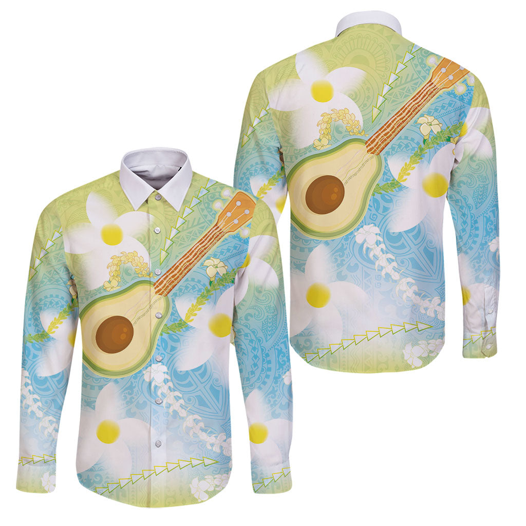 Hawaiian Ukulele Avocado Family Matching Long Sleeve Bodycon Dress and Hawaiian Shirt Leis and Polynesian Pattern