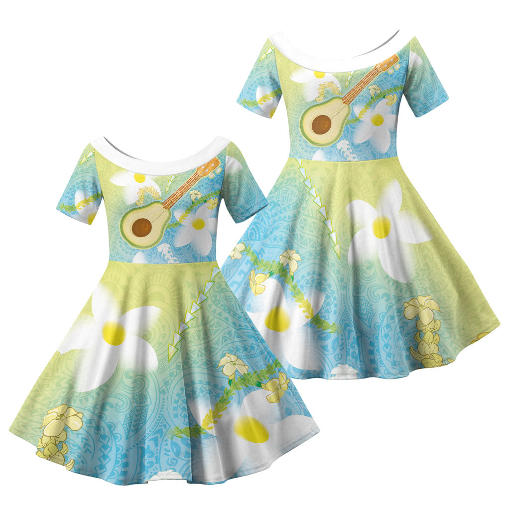 Hawaiian Ukulele Avocado Family Matching Off Shoulder Short Dress and Hawaiian Shirt Leis and Polynesian Pattern