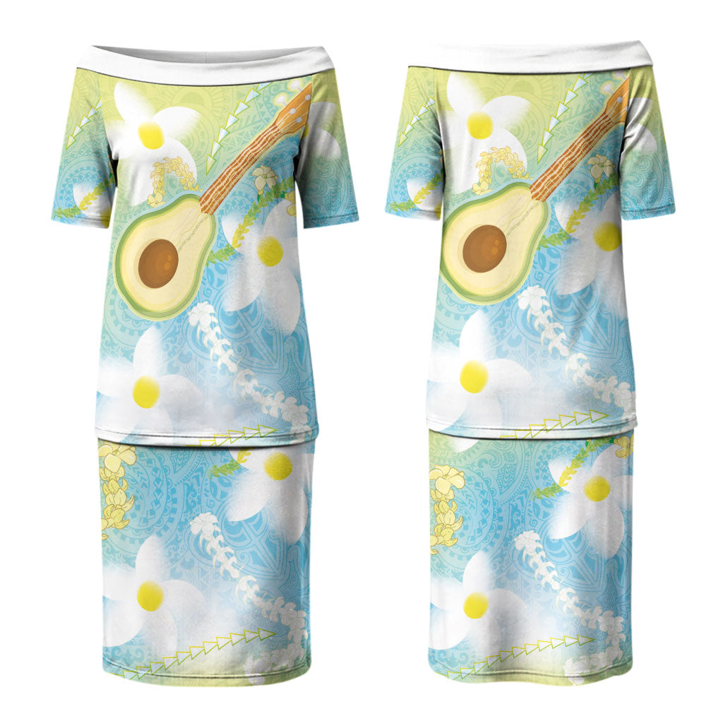 Hawaiian Ukulele Avocado Family Matching Puletasi and Hawaiian Shirt Leis and Polynesian Pattern
