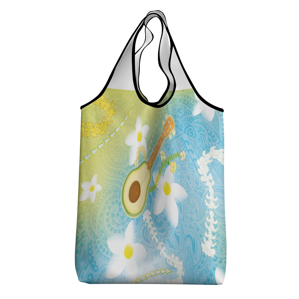 Hawaiian Ukulele Avocado Grocery Bag Leis and Polynesian Pattern