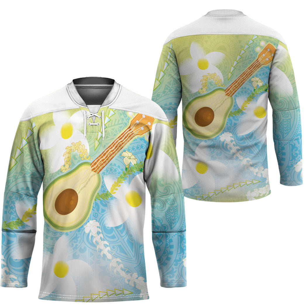 Hawaiian Ukulele Avocado Hockey Jersey Leis and Polynesian Pattern