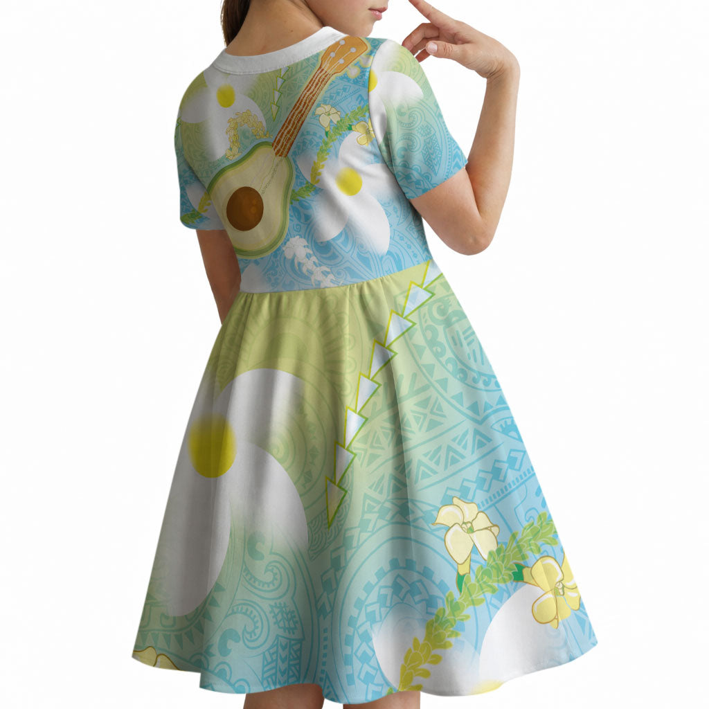 Hawaiian Ukulele Avocado Kid Short Sleeve Dress Leis and Polynesian Pattern