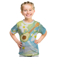 Hawaiian Ukulele Avocado Kid T Shirt Leis and Polynesian Pattern