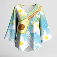 Hawaiian Ukulele Avocado Kimono Sleeve Blouse Leis and Polynesian Pattern