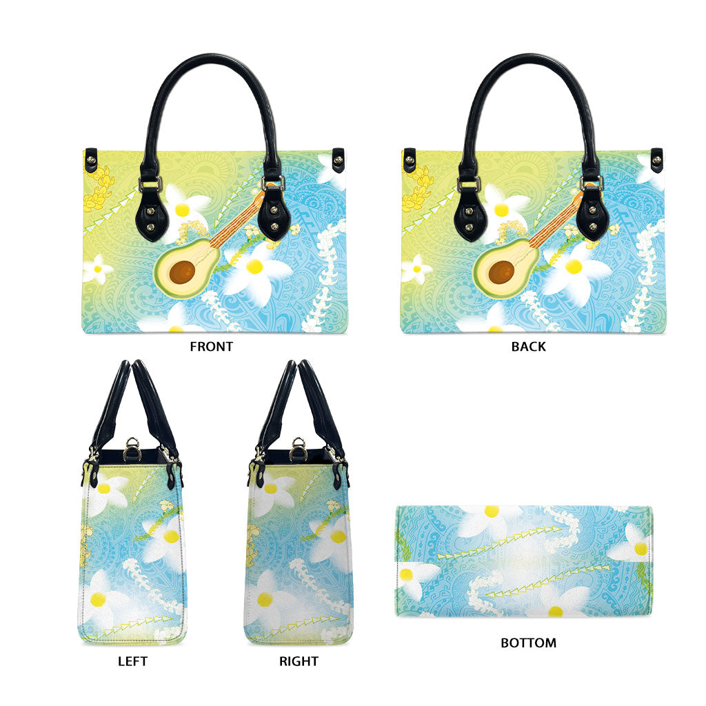 Hawaiian Ukulele Avocado Leather Bag Leis and Polynesian Pattern