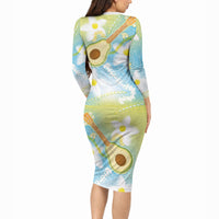Hawaiian Ukulele Avocado Long Sleeve Bodycon Dress Leis and Polynesian Pattern