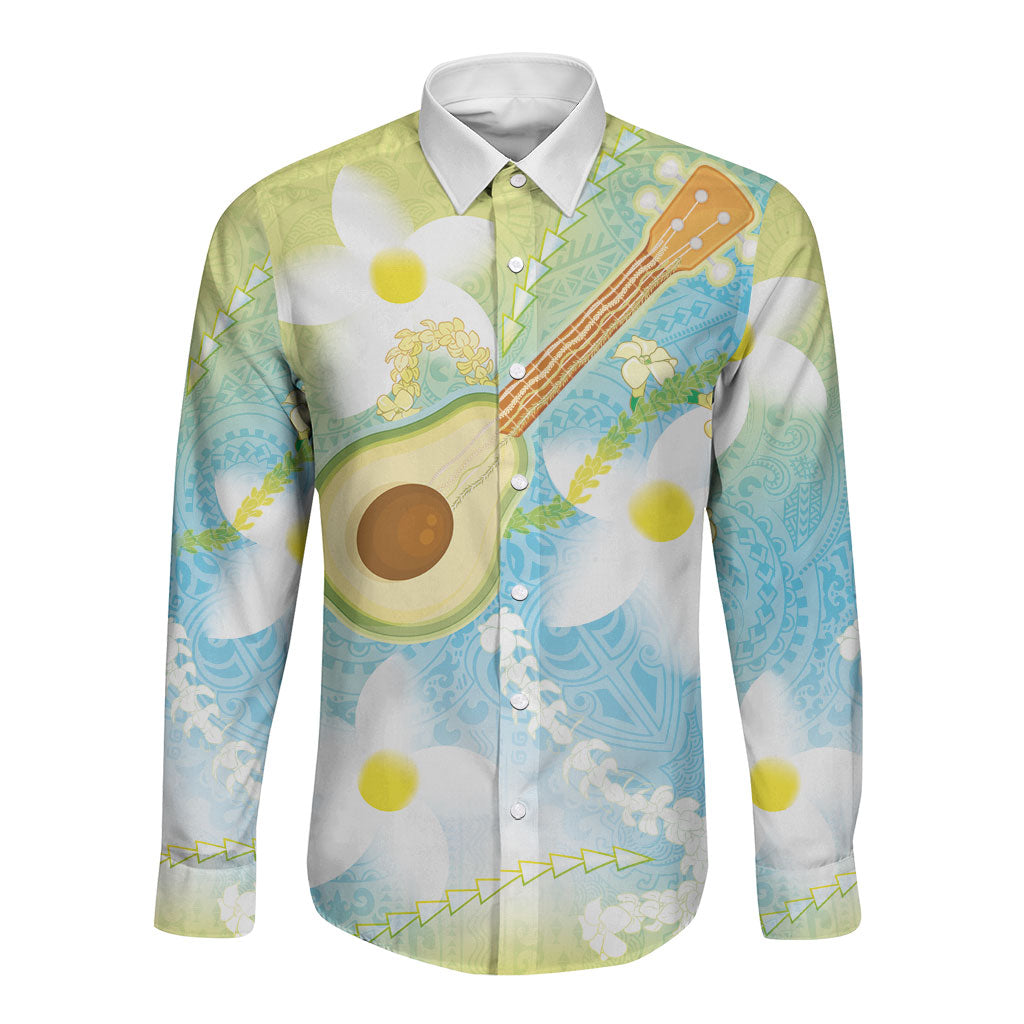Hawaiian Ukulele Avocado Long Sleeve Button Shirt Leis and Polynesian Pattern