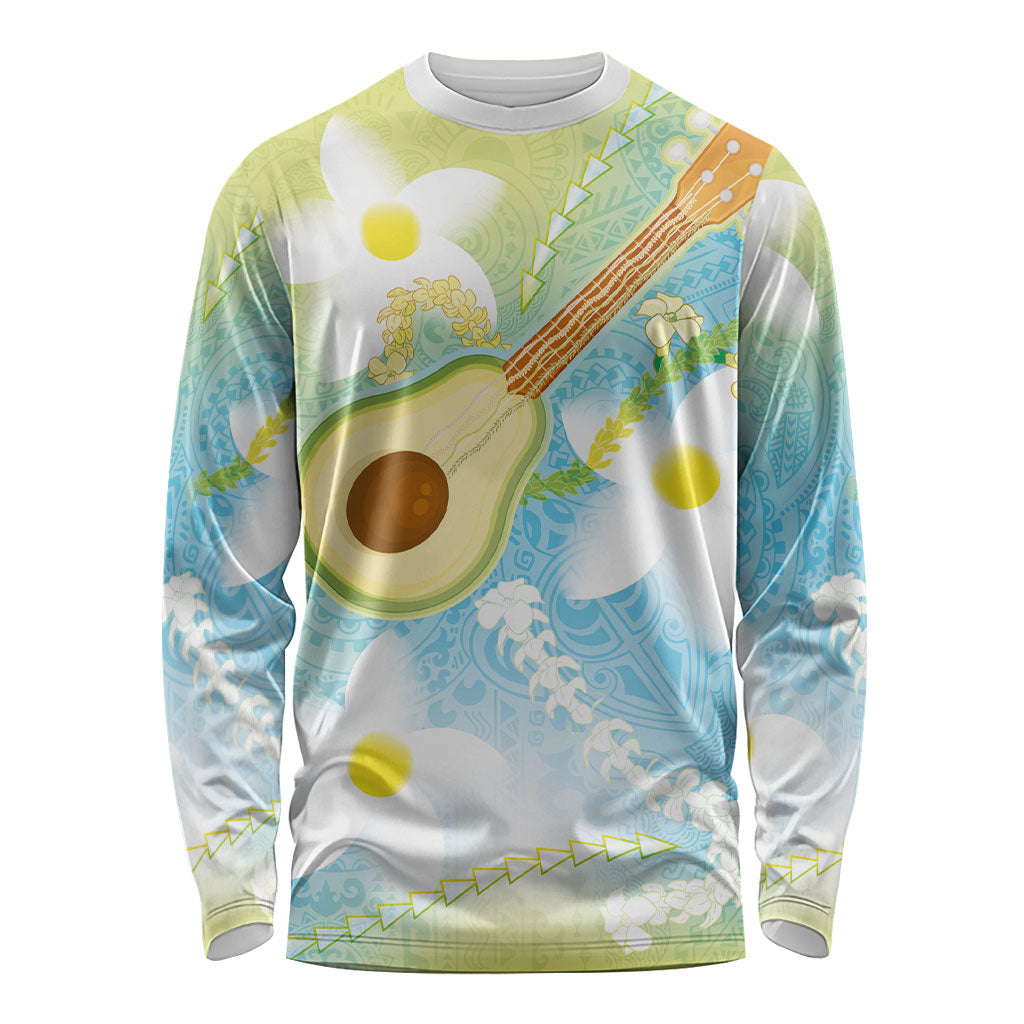 Hawaiian Ukulele Avocado Long Sleeve Shirt Leis and Polynesian Pattern LT03 Unisex White - Polynesian Pride