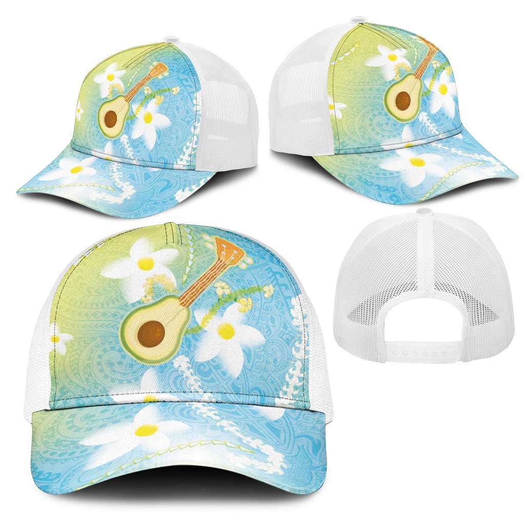 Hawaiian Ukulele Avocado Mesh Trucker Cap Leis and Polynesian Pattern