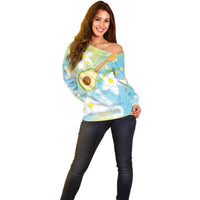 Hawaiian Ukulele Avocado Off Shoulder Sweater Leis and Polynesian Pattern