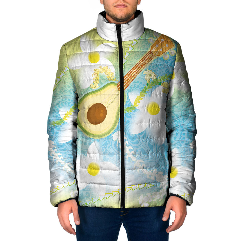 Hawaiian Ukulele Avocado Padded Jacket Leis and Polynesian Pattern