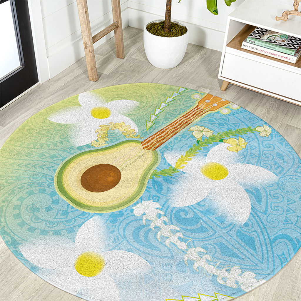 Hawaiian Ukulele Avocado Round Carpet Leis and Polynesian Pattern
