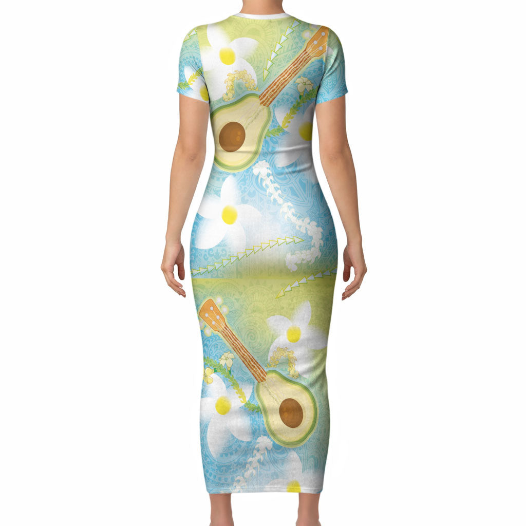 Hawaiian Ukulele Avocado Short Sleeve Bodycon Dress Leis and Polynesian Pattern