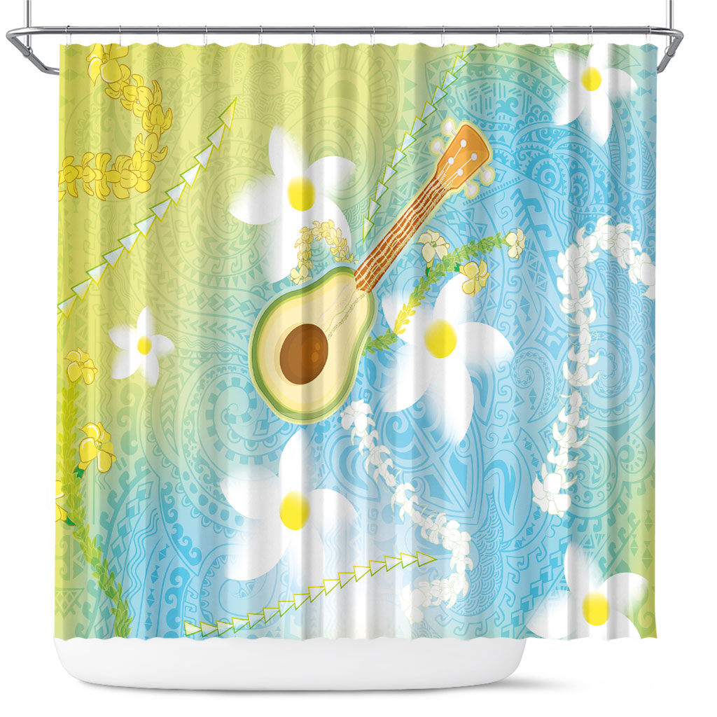 Hawaiian Ukulele Avocado Shower Curtain Leis and Polynesian Pattern