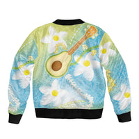 Hawaiian Ukulele Avocado Sleeve Zip Bomber Jacket Leis and Polynesian Pattern