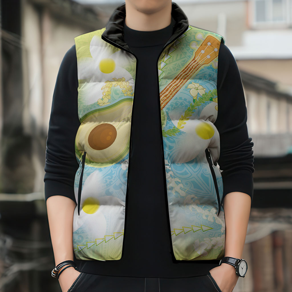 Hawaiian Ukulele Avocado Sleeveless Puffer Jacket Leis and Polynesian Pattern