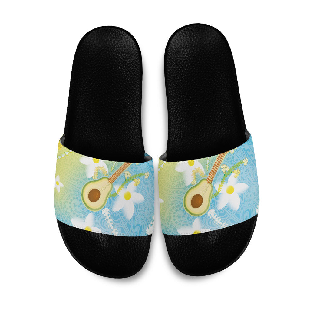 Hawaiian Ukulele Avocado Slide Sandals Leis and Polynesian Pattern