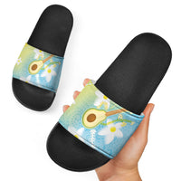 Hawaiian Ukulele Avocado Slide Sandals Leis and Polynesian Pattern