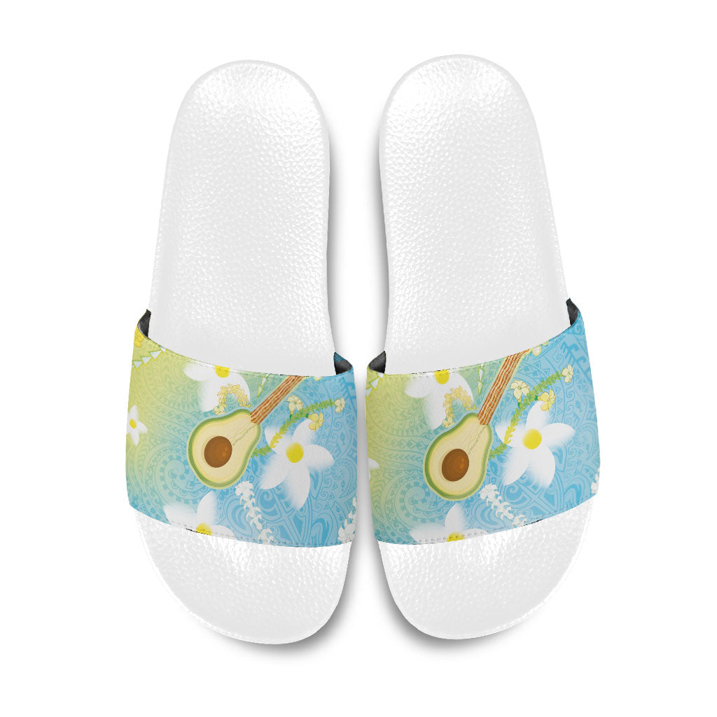 Hawaiian Ukulele Avocado Slide Sandals Leis and Polynesian Pattern