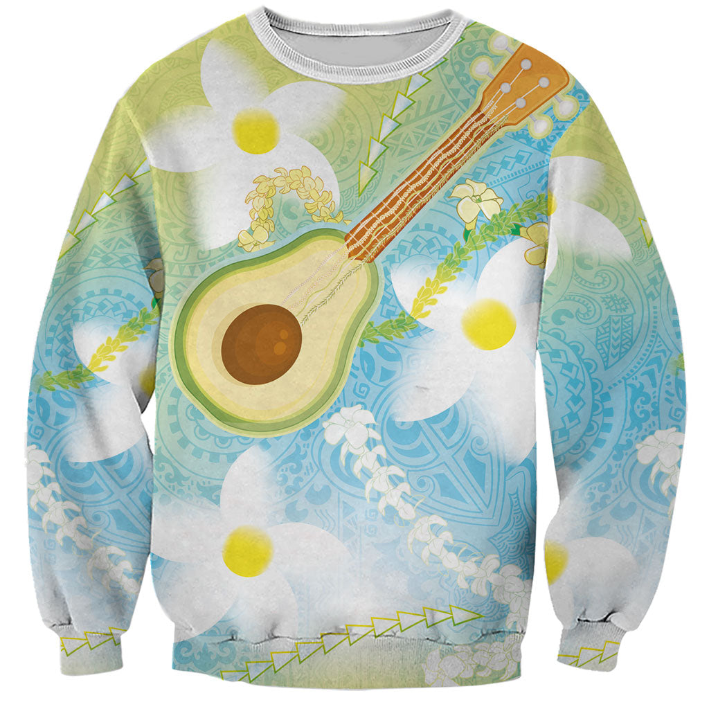Hawaiian Ukulele Avocado Sweatshirt Leis and Polynesian Pattern
