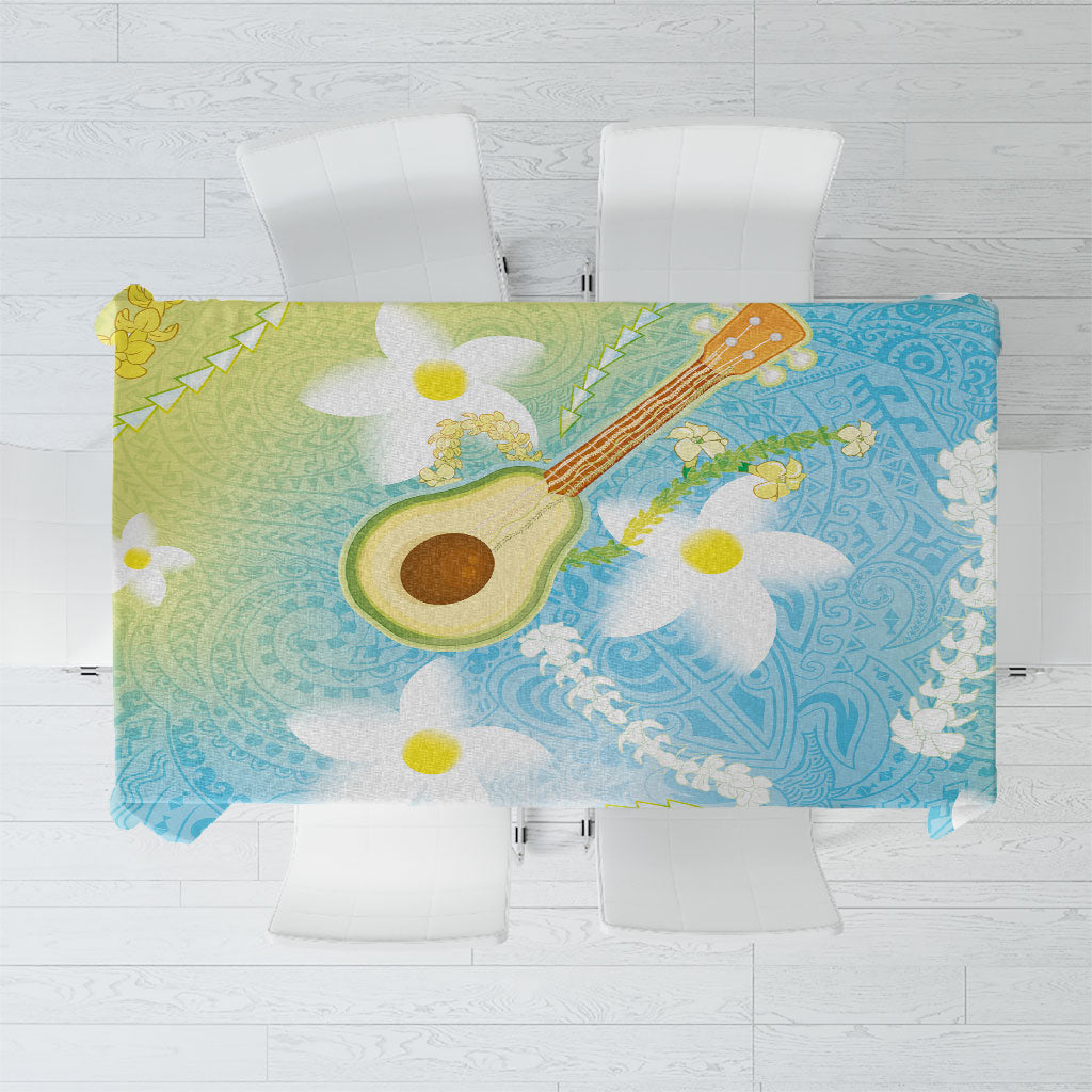 Hawaiian Ukulele Avocado Tablecloth Leis and Polynesian Pattern