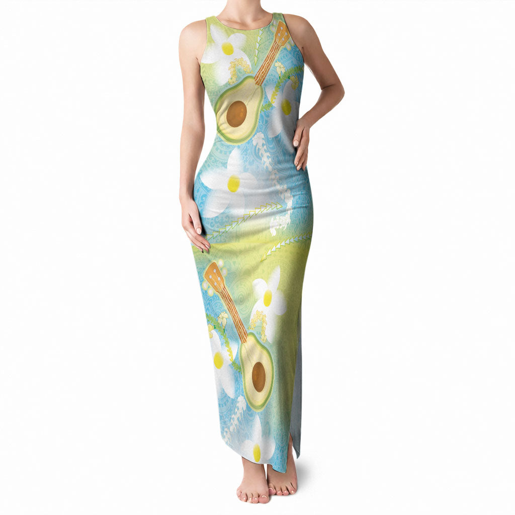 Hawaiian Ukulele Avocado Tank Maxi Dress Leis and Polynesian Pattern