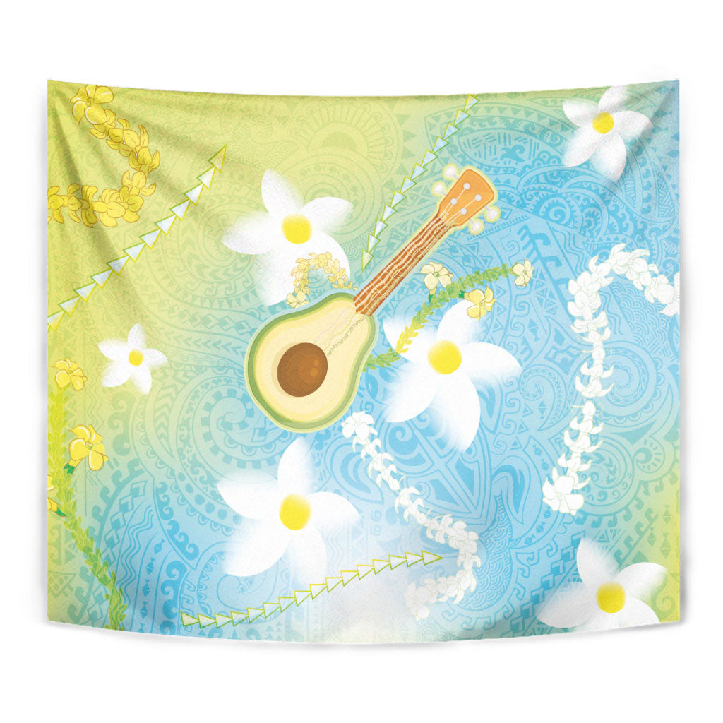 Hawaiian Ukulele Avocado Tapestry Leis and Polynesian Pattern