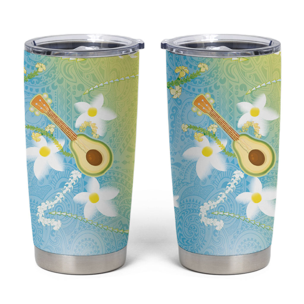 Hawaiian Ukulele Avocado Tumbler Cup Leis and Polynesian Pattern
