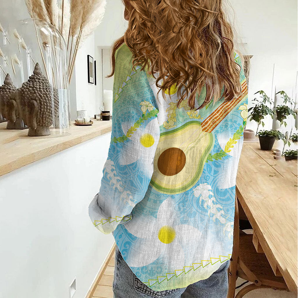 Hawaiian Ukulele Avocado Women Casual Shirt Leis and Polynesian Pattern