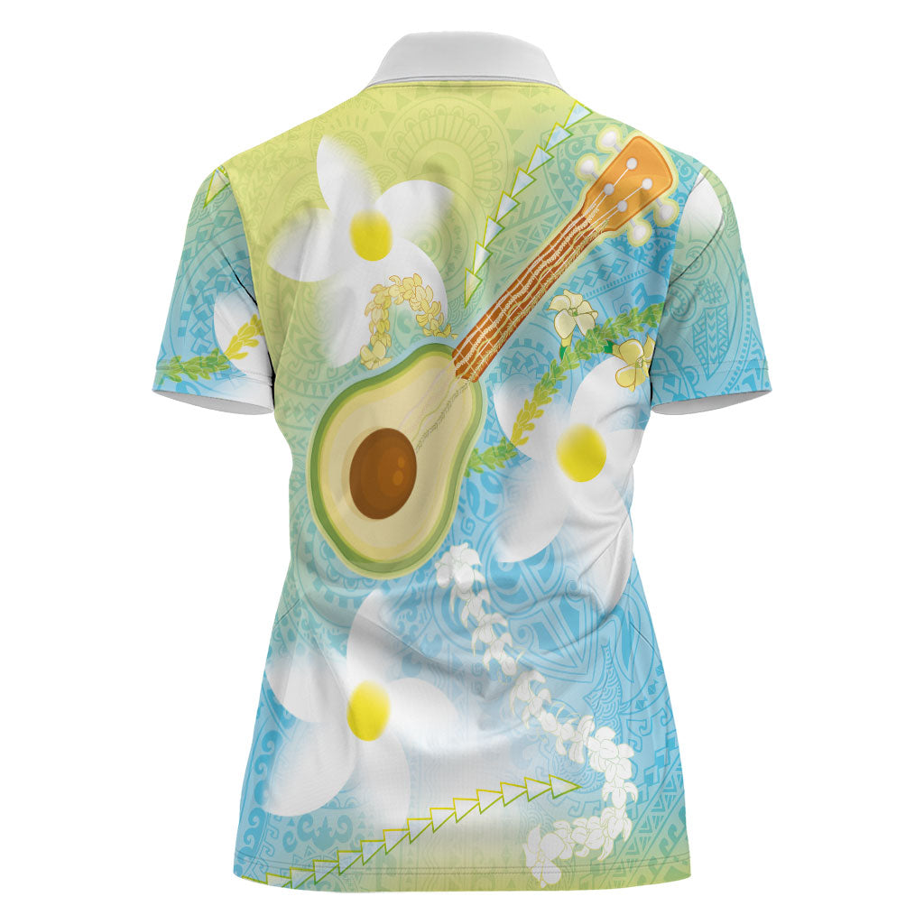 Hawaiian Ukulele Avocado Women Polo Shirt Leis and Polynesian Pattern